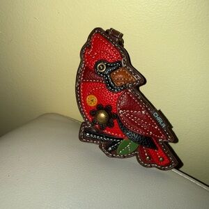Chala Red Cardinal Leather Bird Keychain with Brown and Green Accents